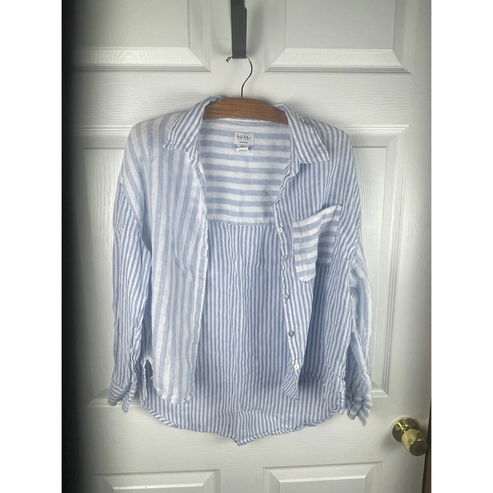 Nicole Miller Linen Blue White Stripe Button Shirt. coastal grandma preppy Beach - Picture 2 of 4